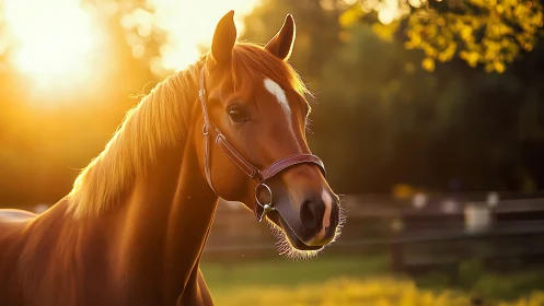 Warm backlit chestnut horse portrait in golden hour light.