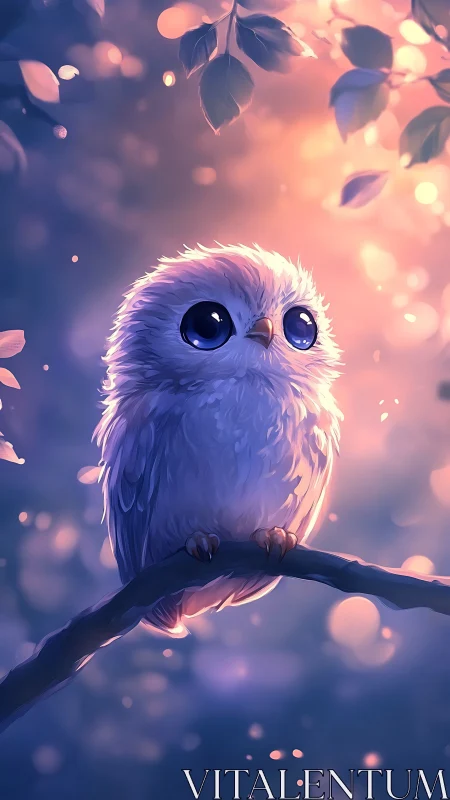 Gentle moonlit owl with dreamy eyes on a quiet branch.