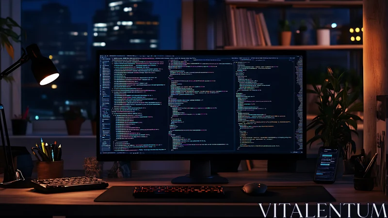 Ultra-wide monitor with colorful code in night home office