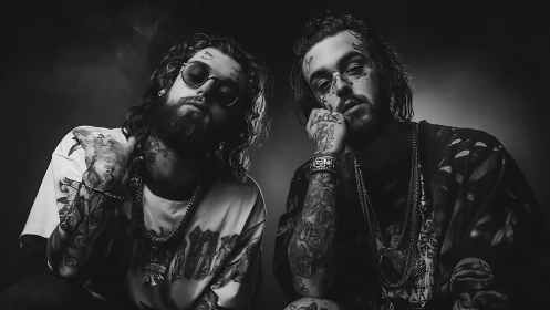 Tattooed duo pose under moody studio light in monochrome