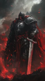 Black armored warlord in crimson-lit volcanic battlefield.