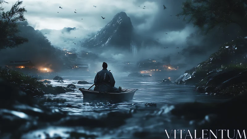Samurai sits in small boat on misty river at night