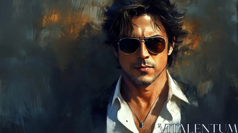 Brooding man in sunglasses stands against a moody abstract haze