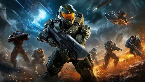 Armored soldiers advancing in sci fi battlefield environment.