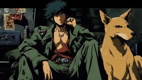 Brooding drifter and loyal dog in neon-lit urban hideout.