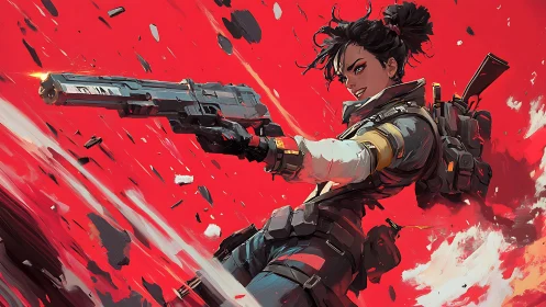 Armed female soldier firing pistol in red combat scene.