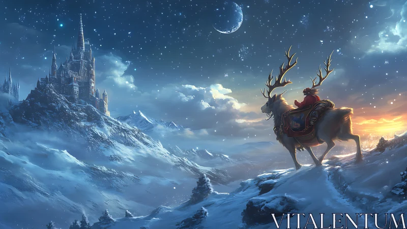 Rider on antlered mount surveys illuminated ice castle at dusk