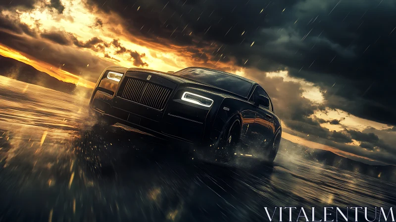 Stormlit luxury coupe gliding through golden rainstorm.