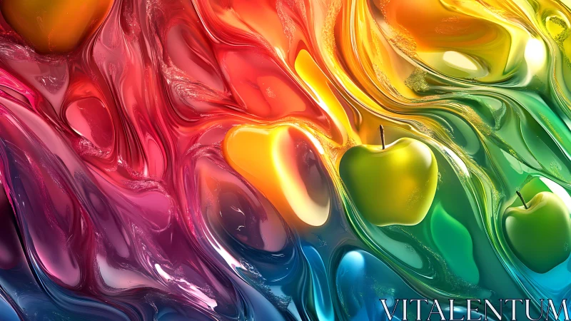 Liquid rainbow flow surrounding glossy golden apples.