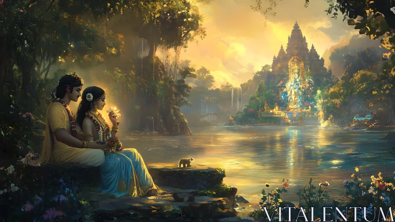 Mythic riverside figures before illuminated temple across water.