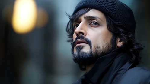 Moody close-up portrait of bearded man in knit beanie outdoors