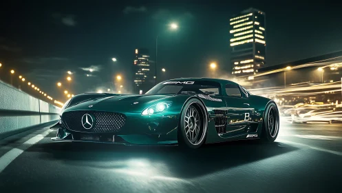 Midnight green supercar prowls a neon slicked city highway.