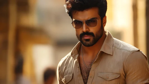 Brooding street wanderer cuts through molten afternoon light.