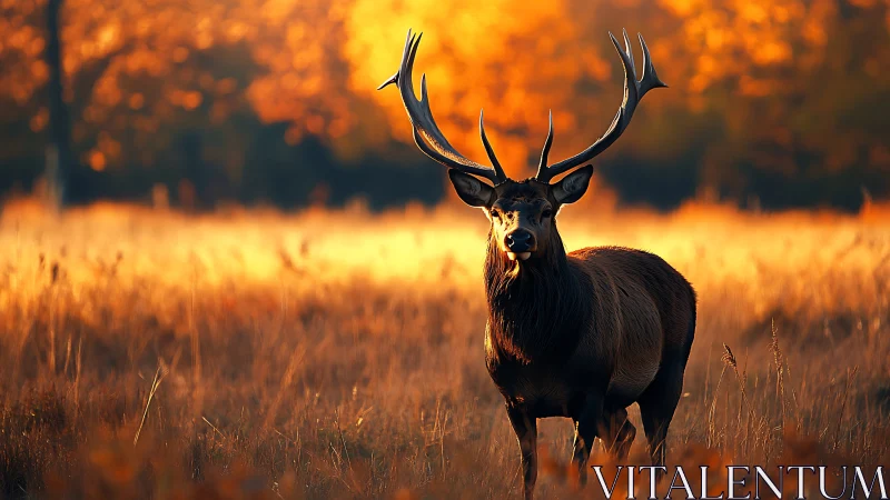 Majestic stag stands in golden autumn meadow at sunrise.