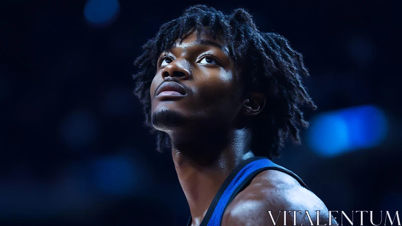 Under arena lights, focused basketball player in close-up portrait.