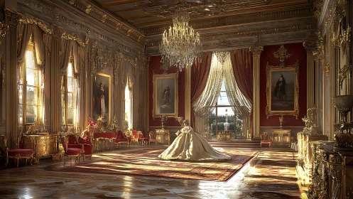 Golden palace ballroom glows as a lone noblewoman waits