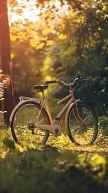 Bicycle Bathed in Golden Sunlight on Tree-Lined Path