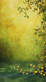 Golden blossoms frame a softly blurred green meadow background.