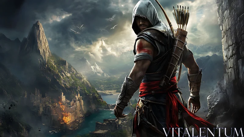 Hooded archer overlooks burning coastal fortress valley