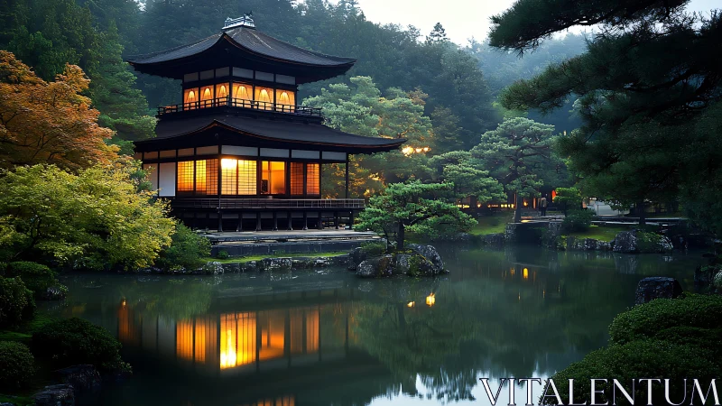 Traditional Japanese pavilion stands by reflective garden pond