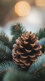 Golden pinecone glows among evergreen needles in bokeh light.
