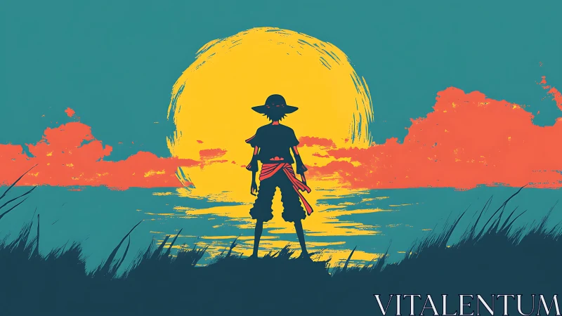 Silhouetted wanderer faces neon sunset over open sea.