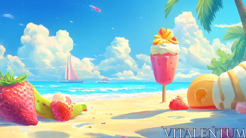 Tropical beach with fruit desserts and boats under clouds.