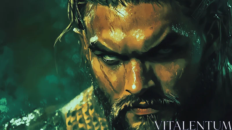 Storm-lit warrior portrait in moody aquatic palette.