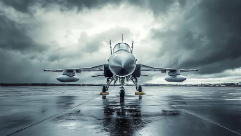 Storm-brooding fighter jet poised on a rain-slick runway.