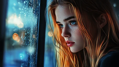 Pensive girl watches rainy city lights through window pane