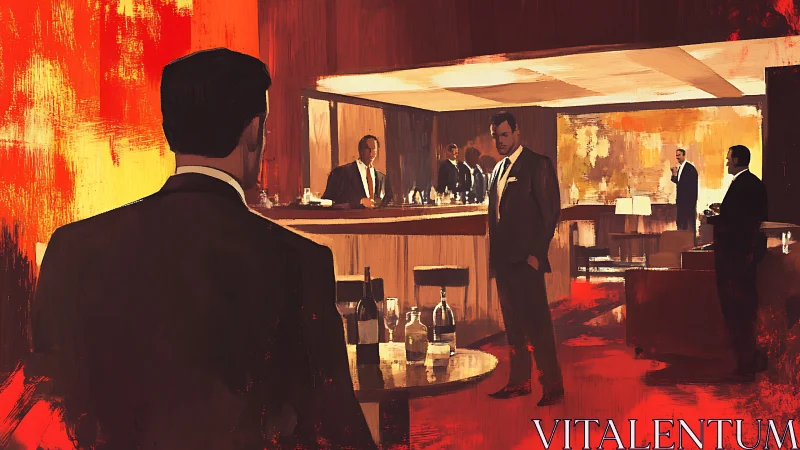 Elegant suited men gather in a moody, fire-lit cocktail bar