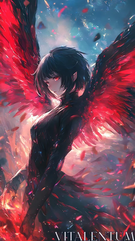 Dark angel with burning crimson wings rises amid embers