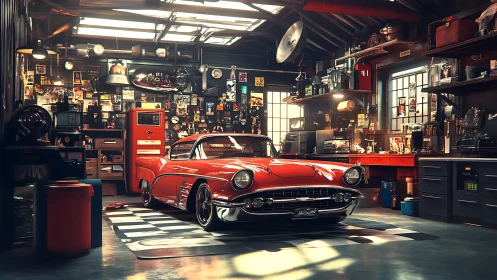 Gleaming red classic car rests proudly in a cozy vintage garage