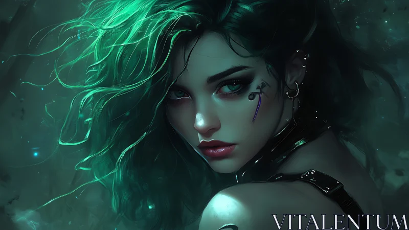 Cyberpunk sorceress portrait with neon emerald hair.