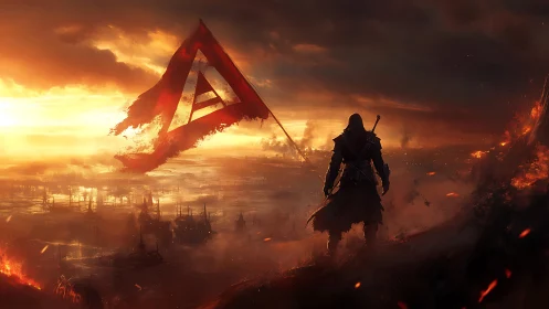 Lone dusk warrior guarding a burning bannered horizon.