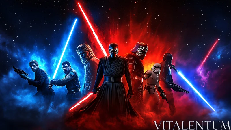 Standoff of glowing laser warriors amid cosmic nebulae.