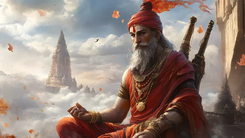 Meditating warrior sage in detailed temple cloudscape composition