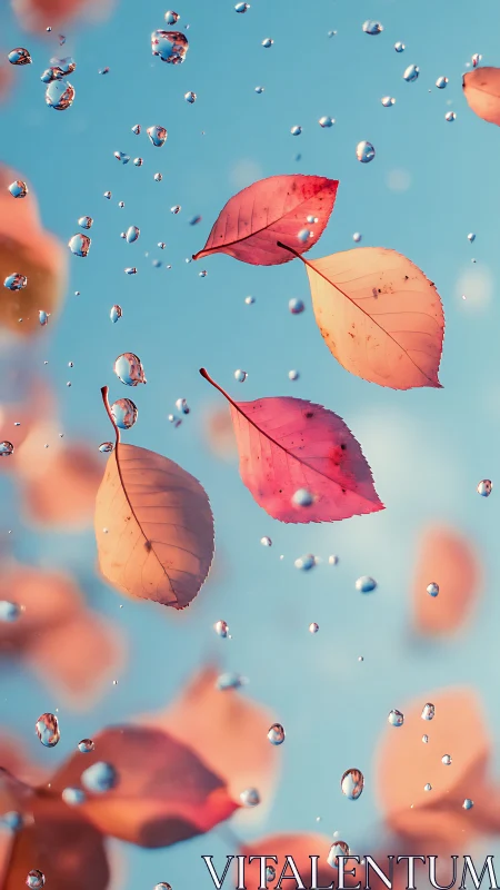Floating autumn leaves dancing with glittering raindrops.