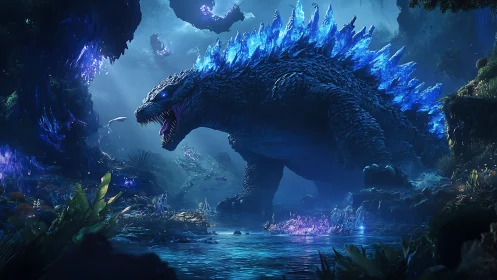 Glowing forest titan steps through a shimmering crystal river