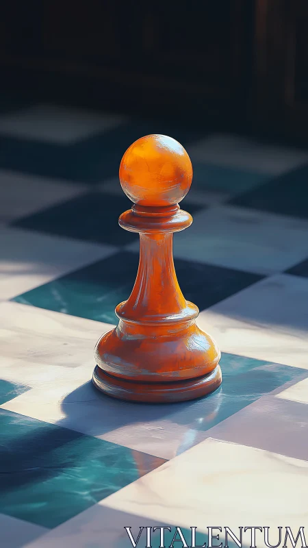 Quiet orange chess pawn glows gently on a sunlit board