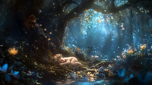Nude infant lies in illuminated forest clearing by stream
