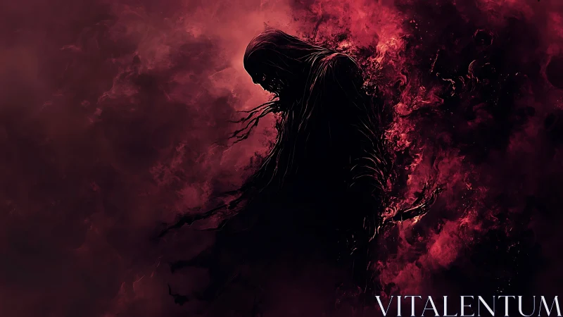 Hooded humanoid silhouette dissolves into red digital smoke