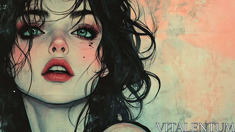 Dreamy teal-eyed portrait with windswept ink-black hair.