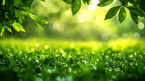 Sunlit Dewy Grass and Leaves in Lush Green Nature Scene.