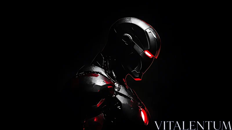 Cybernetic armored figure rendered in high-contrast 3D profile