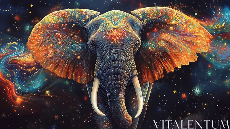 Celestial elephant with glowing rainbow wings of stardust.