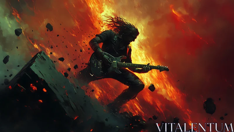 Guitarist shreds atop erupting volcano in blazing inferno.