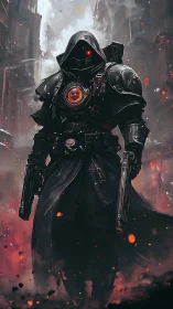 Cybernetic enforcer in ash-choked ruin with incendiary palette.