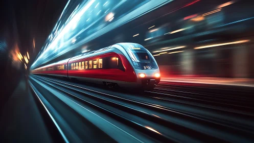 Sleek red bullet train gliding through a glowing city tunnel.
