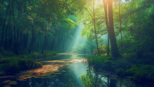 Forest Stream with Filtered Sunlight Through Canopy.